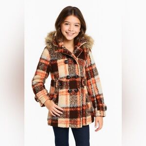 NWOT Urban Republic Plaid Girls Coat with Faux Fur Hood Size 16